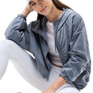 ATHLETA New Day Drift Jacket Crop Hood Shimmer Oversized Blue Grey Size Large